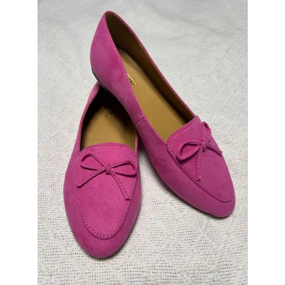 EUC J. Crew Factory Women's Classic Pink Faux Suede Loafer w/Bows Coquette Sz 7 - Picture 2 of 7